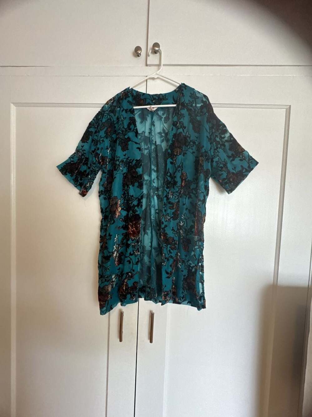 Arizona Jean Company Teal Floral Burnout Velvet Kimono Cardigan Size M/L